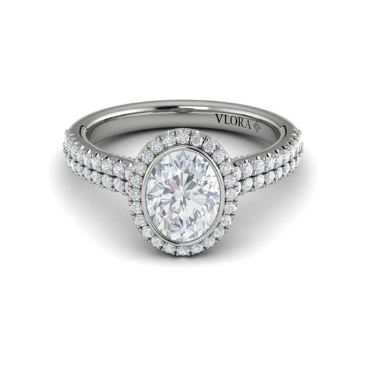Oval Halo, Bezel, Modern Vintage Engagement Ring in Platinum by Vlora Bridal