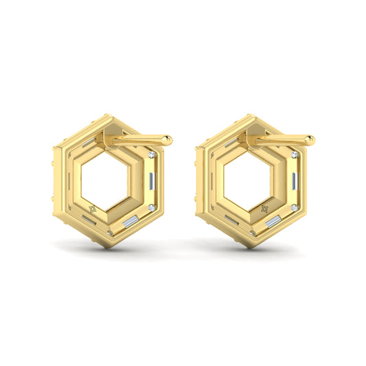 Diamond Baguette Double Row Open Honeycomb Stud Earrings