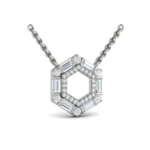 Diamond Baguette Double Row Open Honeycomb Pendant Necklace