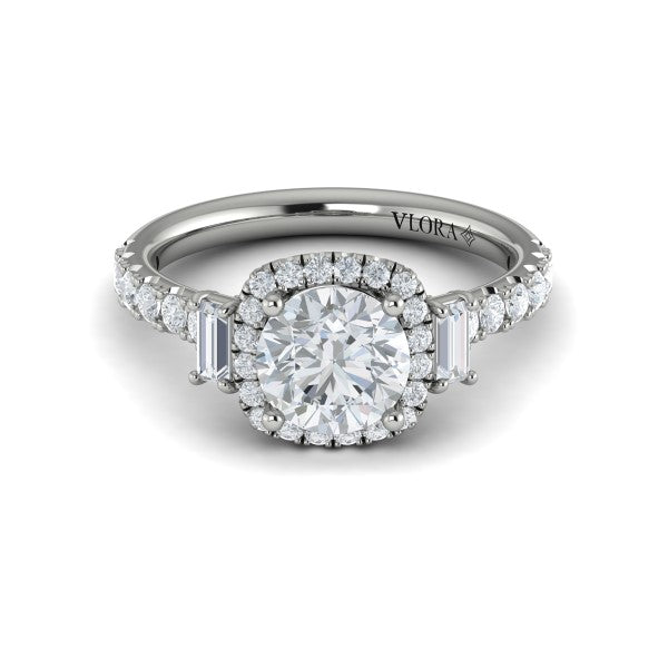 Round Three Stone, Halo Engagement Ring in Platinum by Vlora Bridal