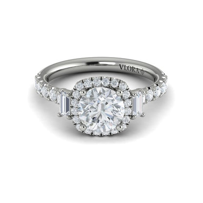 Round Three Stone, Halo Engagement Ring in Platinum by Vlora Bridal