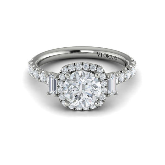 Round Three Stone, Halo Engagement Ring in Platinum by Vlora Bridal