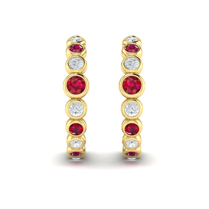 Round Bezel Set Diamond and Ruby Circle Hoop Earring
