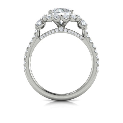 Round Three Stone, Halo Engagement Ring in Platinum by Vlora Bridal