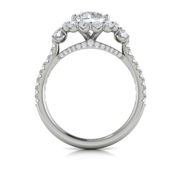 Round Three Stone, Halo Engagement Ring in Platinum by Vlora Bridal