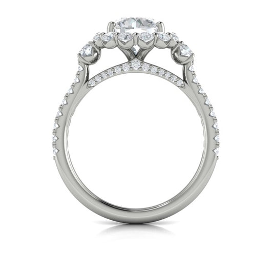 Round Three Stone, Halo Engagement Ring in Platinum by Vlora Bridal
