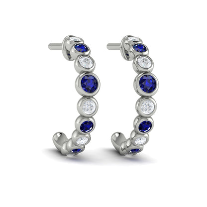Round Bezel Set Diamond and Sapphire Circle Hoop Earring