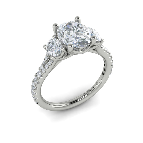 Oval Three Stone, Split Shank Engagement Ring in Platinum by Vlora Bridal