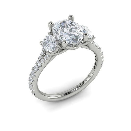 Oval Three Stone, Split Shank Engagement Ring in Platinum by Vlora Bridal