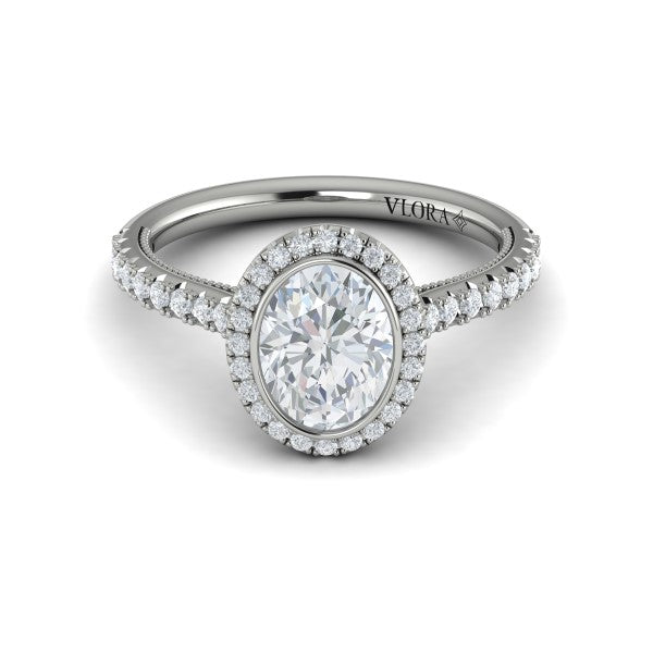 Oval Halo, Bezel, Modern Vintage Engagement Ring in Platinum by Vlora Bridal