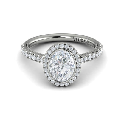 Oval Halo, Bezel, Modern Vintage Engagement Ring in Platinum by Vlora Bridal