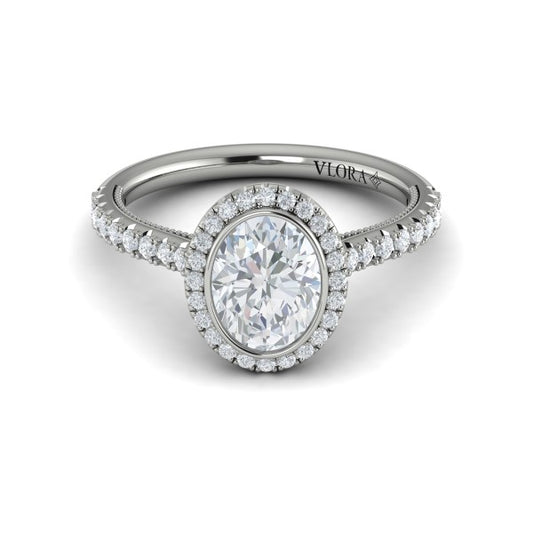 Oval Halo, Bezel, Modern Vintage Engagement Ring in Platinum by Vlora Bridal