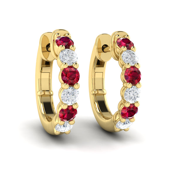 Forward-facing Diamond and Ruby  Open Hoop Earrings
