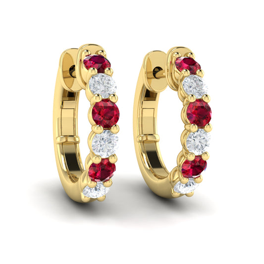 Forward-facing Diamond and Ruby  Open Hoop Earrings