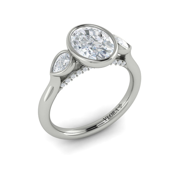 Oval Three Stone, Bezel Engagement Ring in Platinum by Vlora Bridal