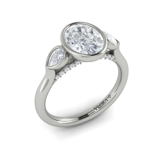 Oval Three Stone, Bezel Engagement Ring in Platinum by Vlora Bridal