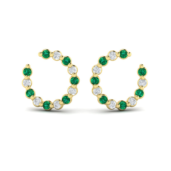 Forward-facing Diamond and Emerald  Open Hoop Earrings
