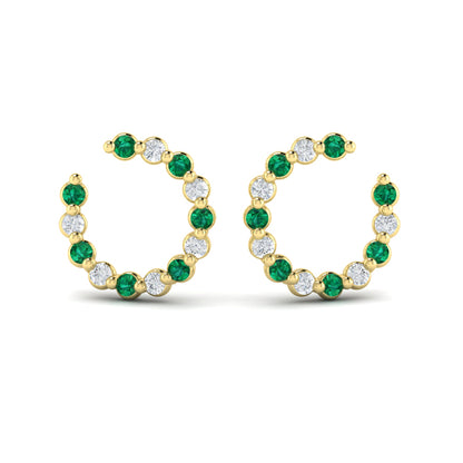 Forward-facing Diamond and Emerald  Open Hoop Earrings