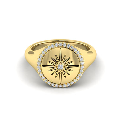 Center Starburst Diamond and Bezel Signet Ring