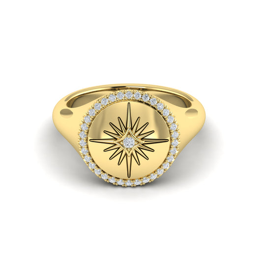 Center Starburst Diamond and Bezel Signet Ring