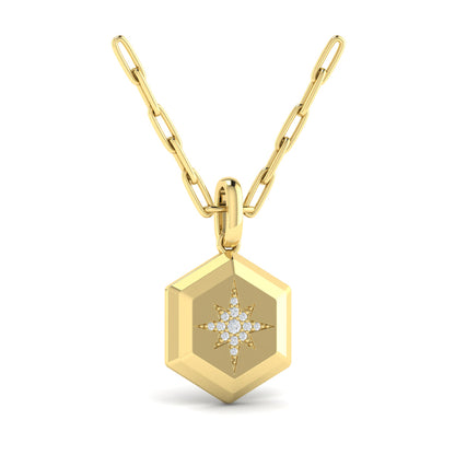 Center Starburst Diamond and Bezel Hexagon Pendant Necklace