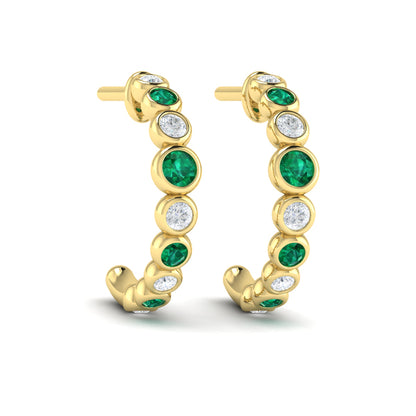 Round Bezel Set Diamond and Emerald Circle Hoop Earring