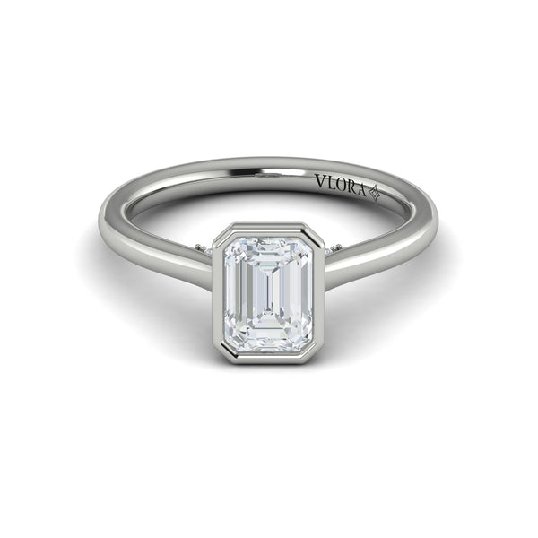 Emerald Cut Solitaire, Bezel Engagement Ring in Platinum by Vlora Bridal
