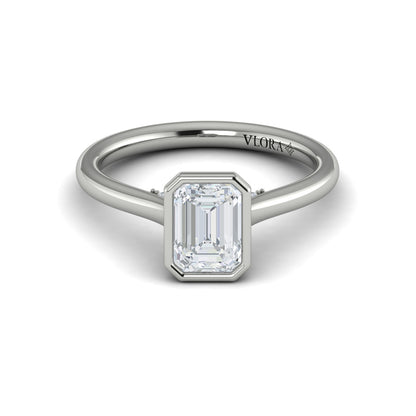 Emerald Cut Solitaire, Bezel Engagement Ring in Platinum by Vlora Bridal