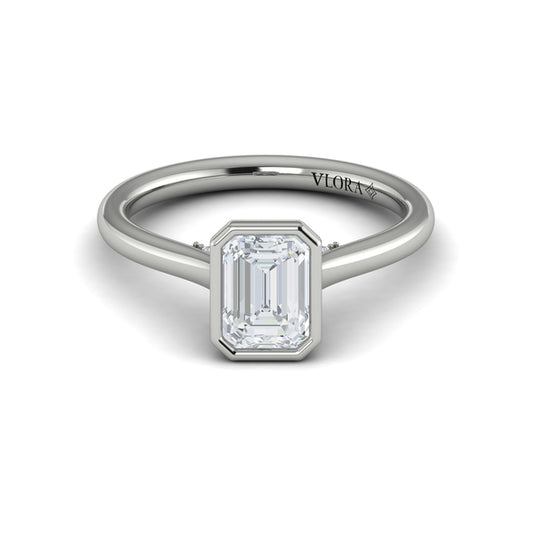 Emerald Cut Solitaire, Bezel Engagement Ring in Platinum by Vlora Bridal
