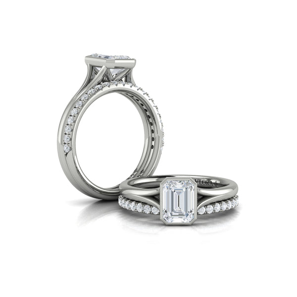 Emerald Cut Classic, Bezel, Split Shank Engagement Ring in Platinum by Vlora Bridal
