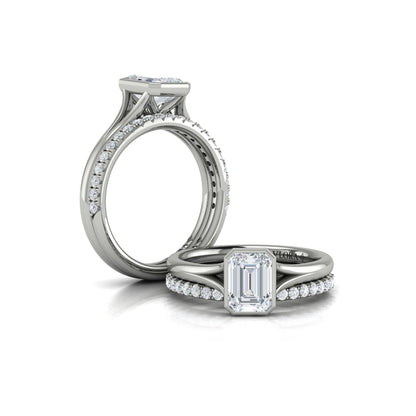 Emerald Cut Classic, Bezel, Split Shank Engagement Ring in Platinum by Vlora Bridal