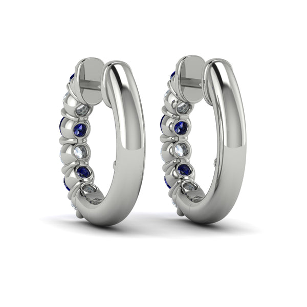 Forward-facing Diamond and Blue Sapphire  Open Hoop Earrings