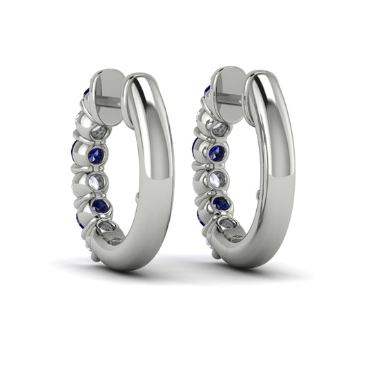 Forward-facing Diamond and Blue Sapphire  Open Hoop Earrings