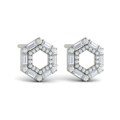 Diamond Baguette Double Row Open Honeycomb Stud Earrings