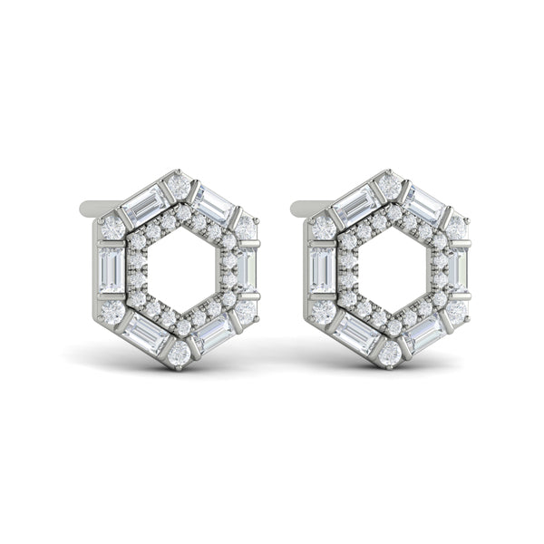 Diamond Baguette Double Row Open Honeycomb Stud Earrings