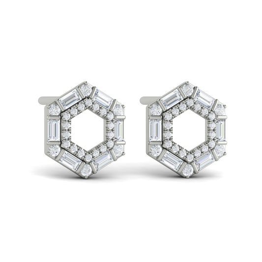 Diamond Baguette Double Row Open Honeycomb Stud Earrings