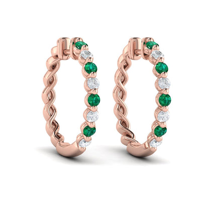 Diamond and Emerald  Twist Hoop Earrings
