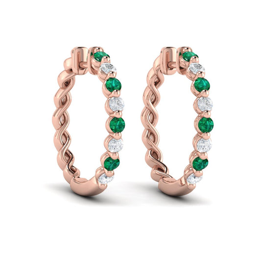Diamond and Emerald  Twist Hoop Earrings