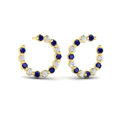 Forward-facing Diamond and Blue Sapphire  Open Hoop Earrings