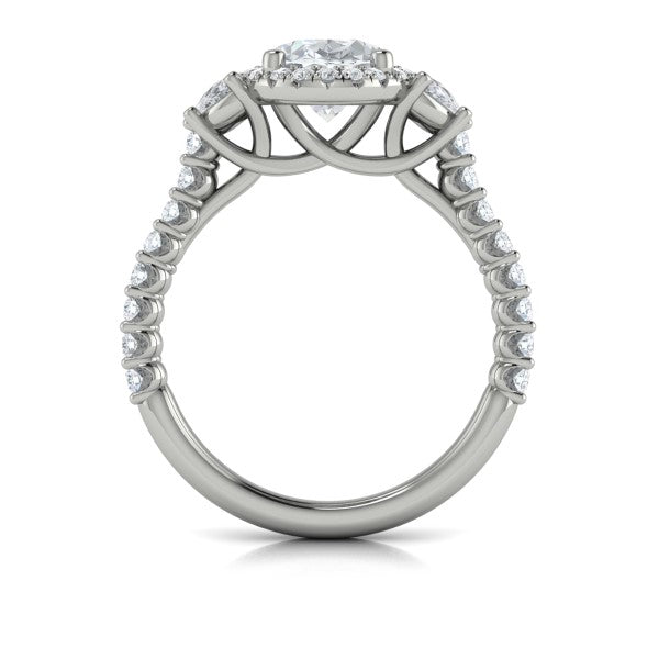 Oval Three Stone, Halo Engagement Ring in Platinum by Vlora Bridal