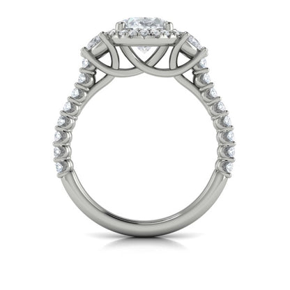 Oval Three Stone, Halo Engagement Ring in Platinum by Vlora Bridal
