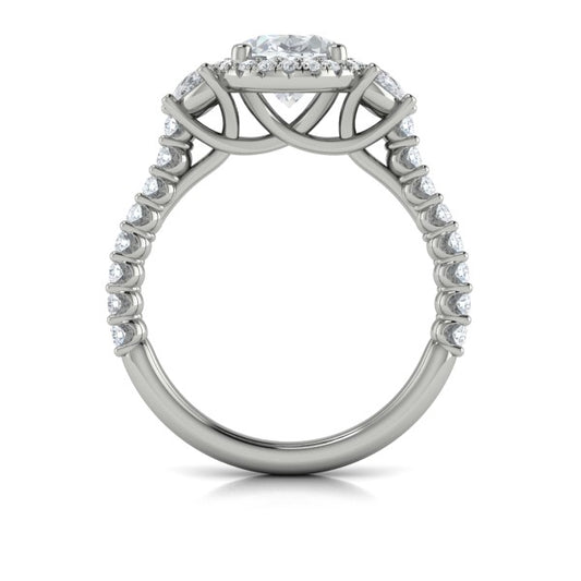 Oval Three Stone, Halo Engagement Ring in Platinum by Vlora Bridal