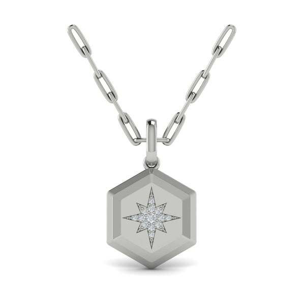 Center Starburst Diamond and Bezel Hexagon Pendant Necklace