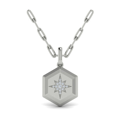 Center Starburst Diamond and Bezel Hexagon Pendant Necklace