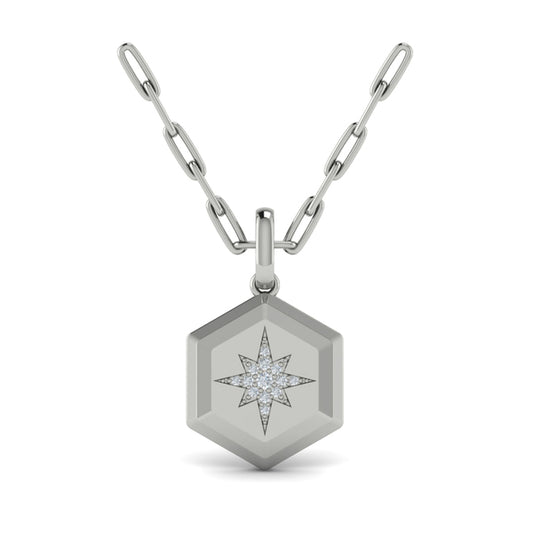 Center Starburst Diamond and Bezel Hexagon Pendant Necklace