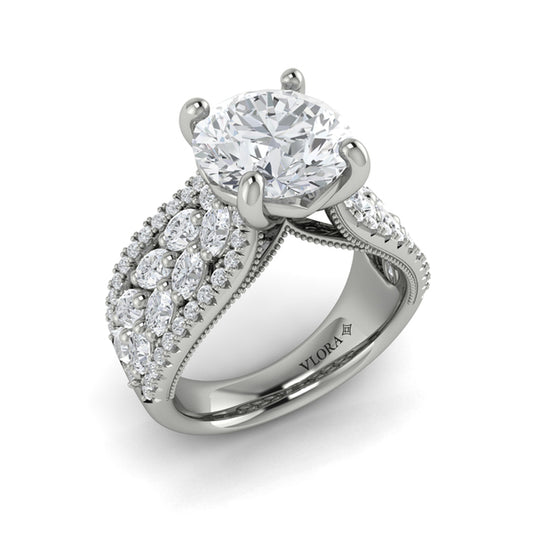 Round Straight Row Engagement Ring in Platinum by Vlora Bridal