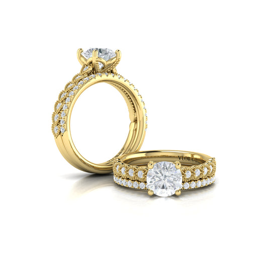 Round Classic, Modern Vintage Engagement Ring in 14K Yellow Gold by Vlora Bridal