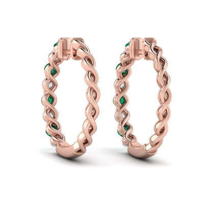 Diamond and Emerald  Twist Hoop Earrings