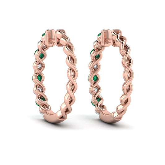 Diamond and Emerald  Twist Hoop Earrings