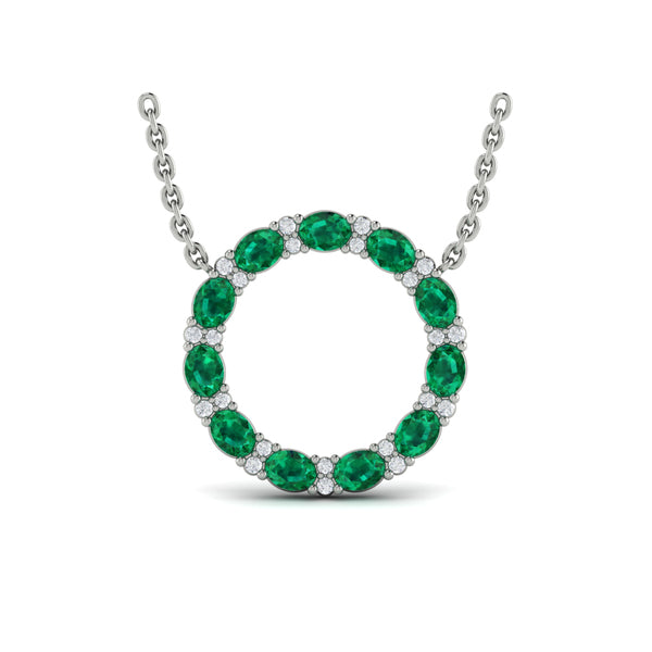 Oval Emerald and Diamond Open Circle Pendant Necklace